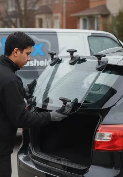 Auto glass technician working on vehicle window